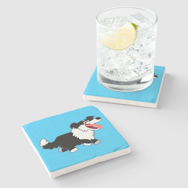 Cute Happy Cartoon Border Collie Stone Coaster (Side)