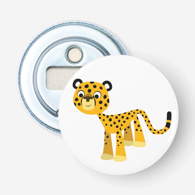 Cute Happy Cartoon Cheetah Button Bottle Opener (Front)