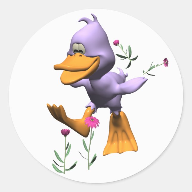 Cute Happy Cartoon Duck Running Through Flowers Classic Round Sticker (Front)
