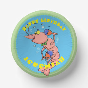 Cute happy cartoon prawn with maracas birthday paper plate