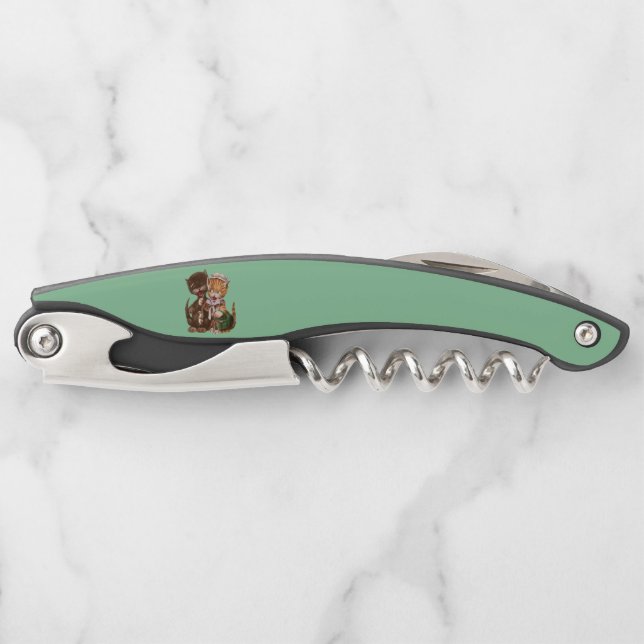 Cute Happy Cat Couple Sharing Rats in Basket Green Corkscrew (Front)