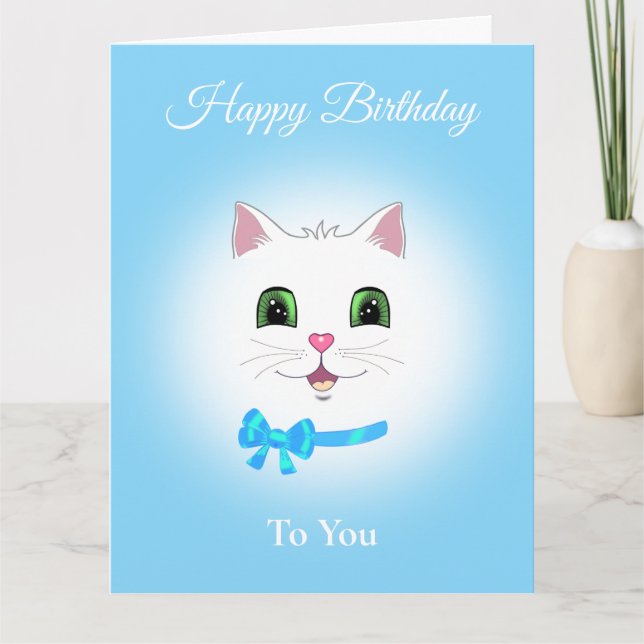 Cute Happy Cat Face Birthday on Light Blue Card (Front)