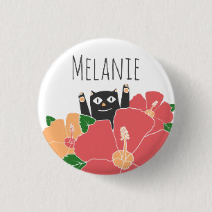 Cute Happy Cat Spring Flowers Personalised 1 Inch Round Button