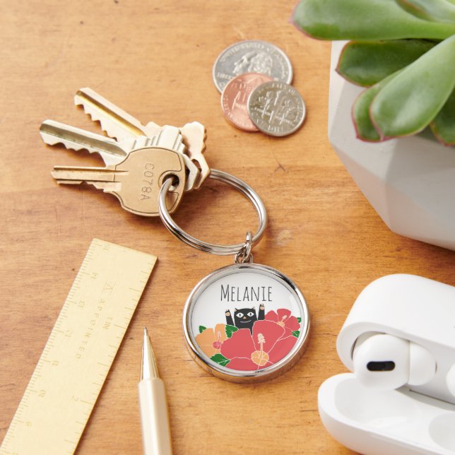 Cute Happy Cat Spring Flowers Personalised Keychain (Desk)