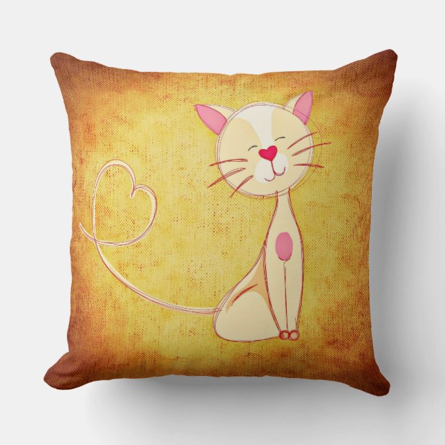 Cute happy Cat with a Heart Tail Throw Pillow (Front)