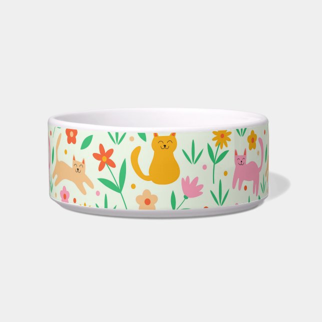 Cute Happy Cats with Orange Red and peach flowers Bowl (Front)