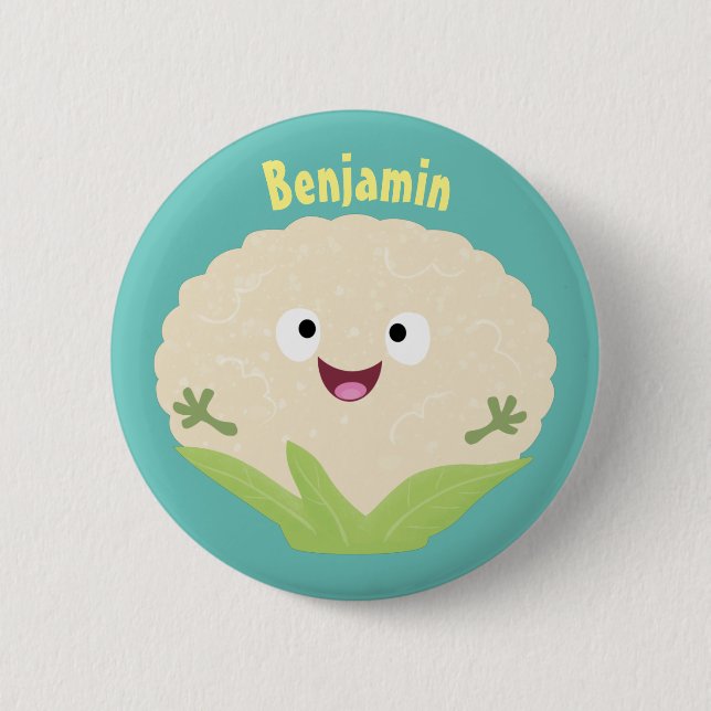 Cute happy cauliflower vegetable cartoon  2 inch round button (Front)