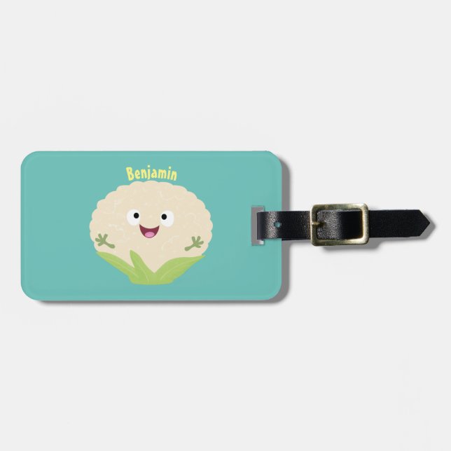 Cute happy cauliflower vegetable cartoon luggage tag (Front Horizontal)