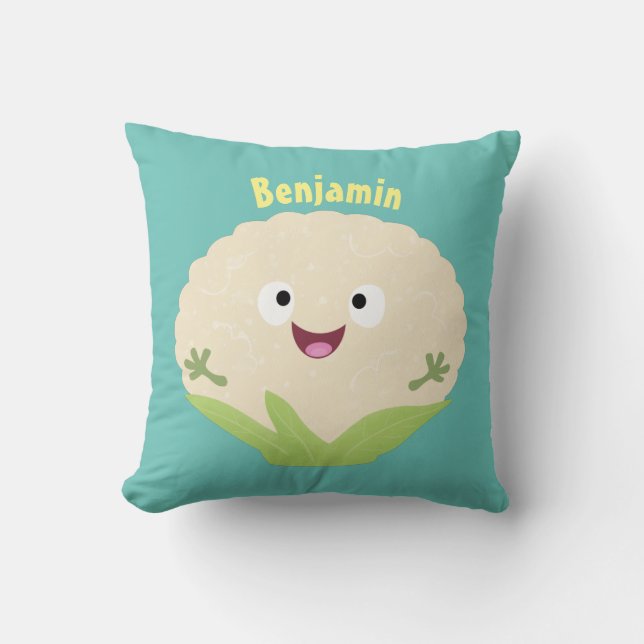 Cute happy cauliflower vegetable cartoon  throw pillow (Front)