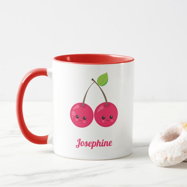Cute Happy Cherries Monogram Mug (With Donut)
