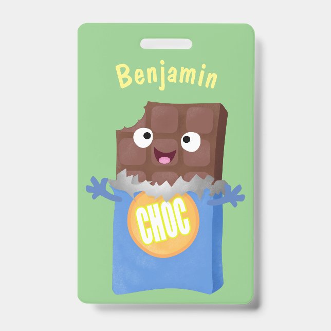 Cute happy chocolate candy bar cartoon character badge (Front)