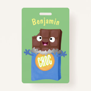 Cute happy chocolate candy bar cartoon character badge
