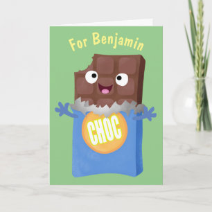 Cute happy chocolate candy bar cartoon character card