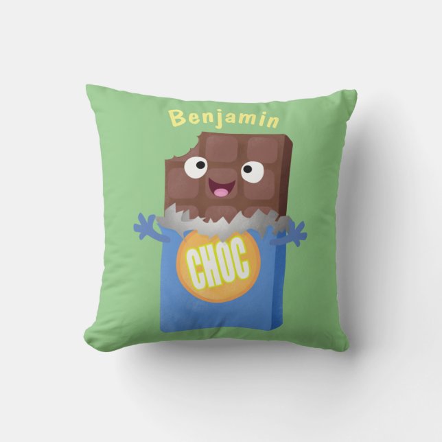 Cute happy chocolate candy bar cartoon character throw pillow (Front)