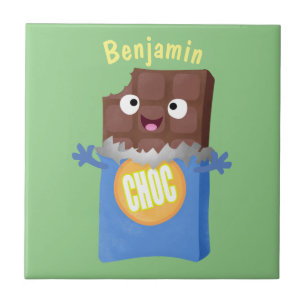 Cute happy chocolate candy bar cartoon character tile