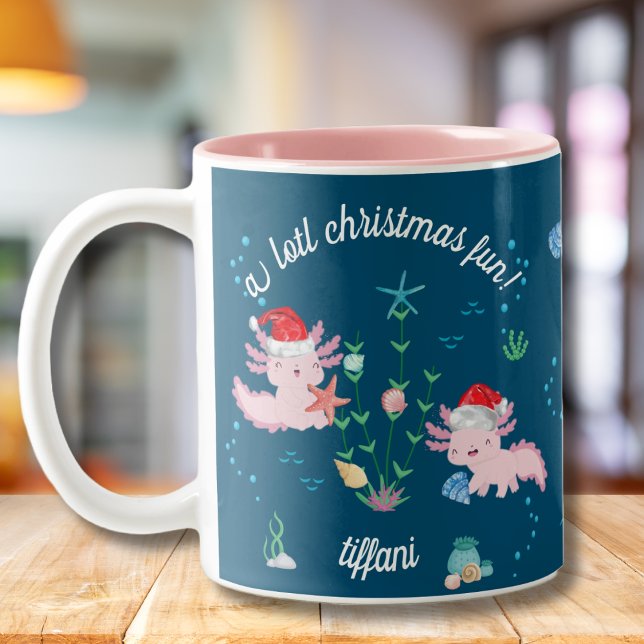 Cute Happy Christmas Axolotl Decorating Tree Two-Tone Coffee Mug (Creator Uploaded)
