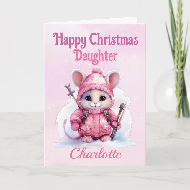 Cute Happy Christmas Daughter Pink Winter Mouse Holiday Card (Front)