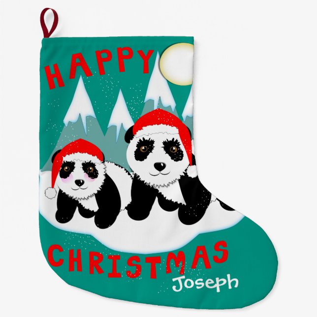Cute Happy Christmas Panda Bears Personalized Large Christmas Stocking (Front)