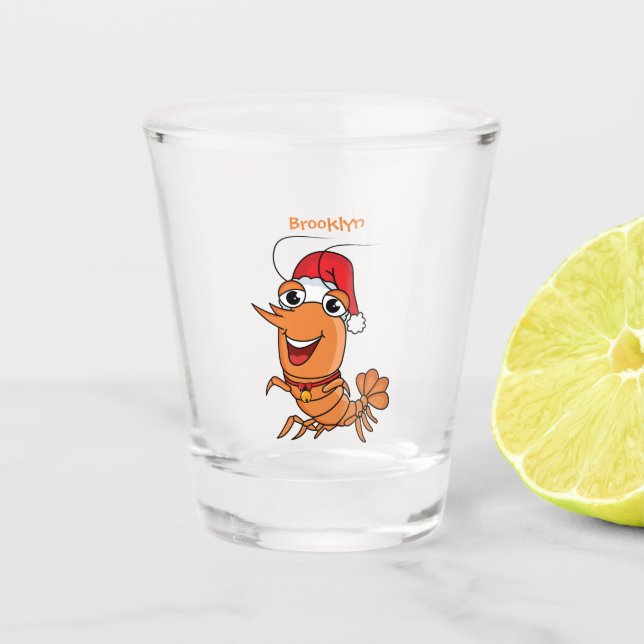 Cute happy Christmas shrimp cartoon illustration Shot Glass (Front)
