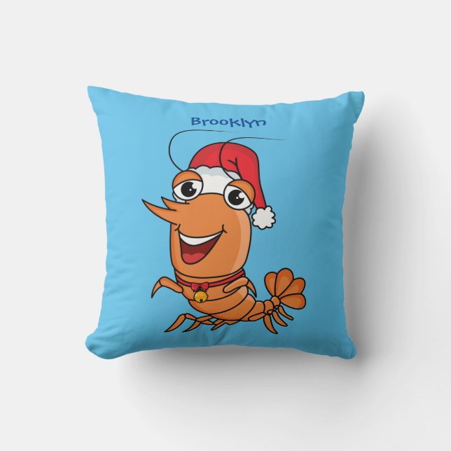 Cute happy Christmas shrimp cartoon illustration Throw Pillow (Front)