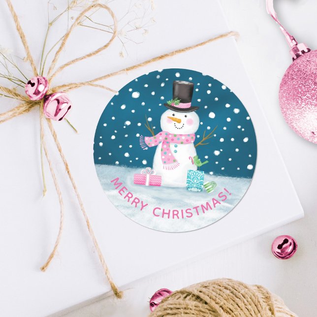 Cute Happy Christmas Snowman Sticker (A cute Christmas Snowman sticker with a pink scarf. Personalize it your greeting.)