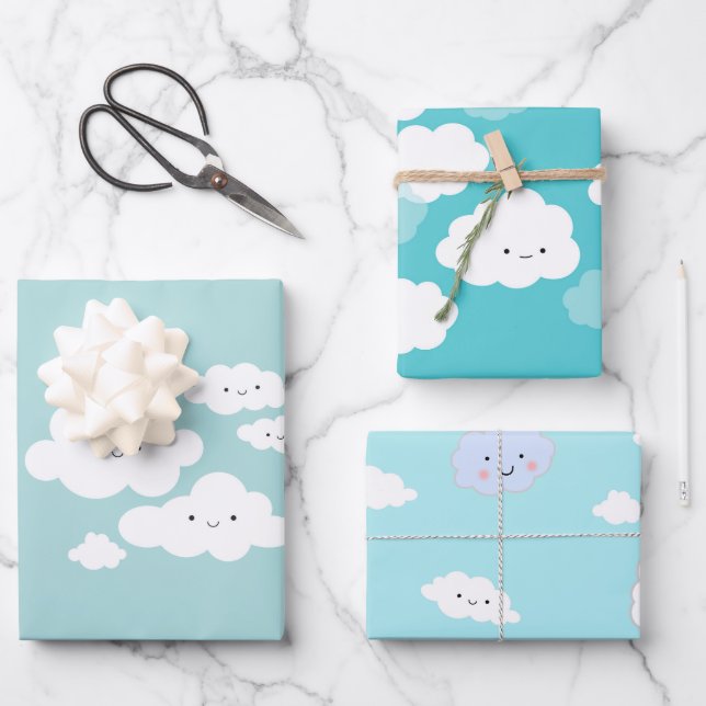 Cute Happy Clouds Blue Wrapping Paper Sheets (Front)