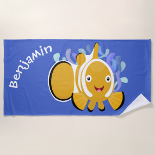 Cute happy clownfish anenome cartoon beach towel