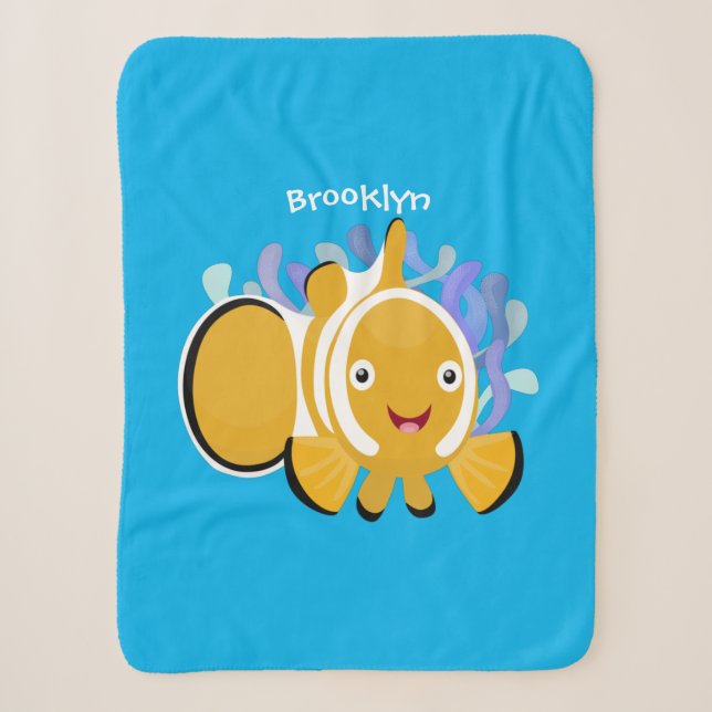 Cute happy clownfish anenome cartoon sherpa blanket (Front)