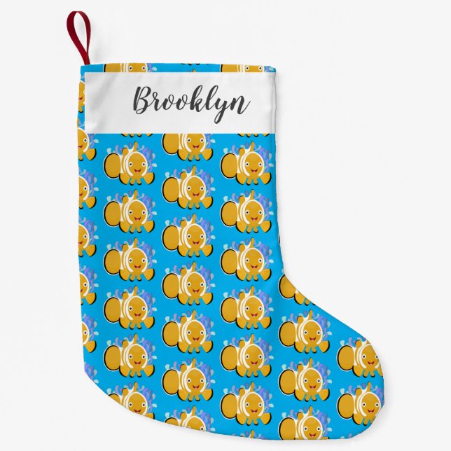 Cute happy clownfish anenome cartoon small christmas stocking (Front)