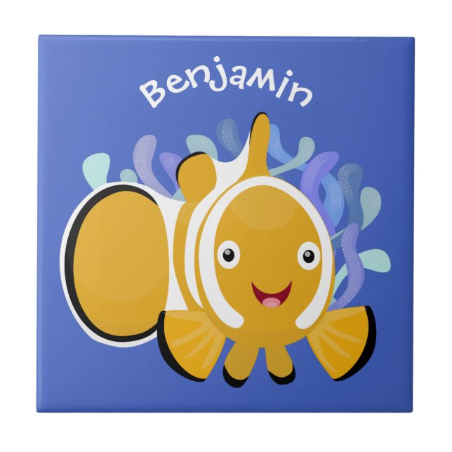 Cute happy clownfish anenome cartoon tile (Front)