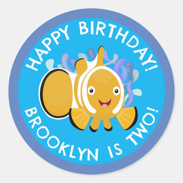 Cute happy clownfish personalized birthday cartoon classic round sticker (Front)