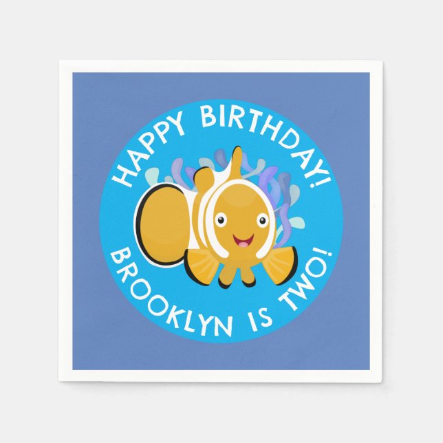 Cute happy clownfish personalized birthday cartoon napkin (Front)