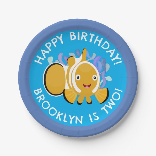Cute happy clownfish personalized birthday cartoon paper plate (Front)