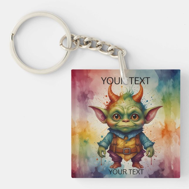 Cute happy colorful funny little goblin creature keychain (Front)