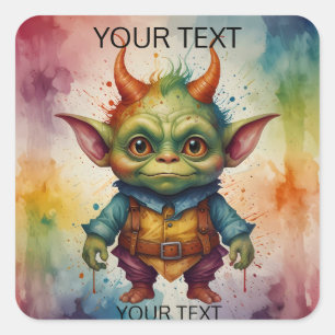 Cute happy colorful funny little goblin creature square sticker