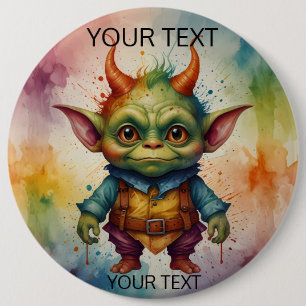 Cute happy colourful funny little goblin creature 6 inch round button
