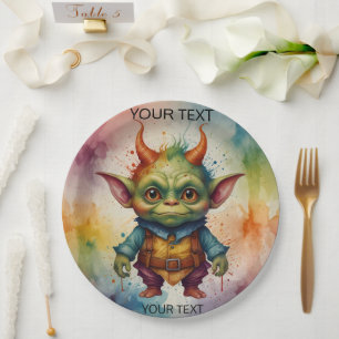 Cute happy colourful funny little goblin creature paper plate