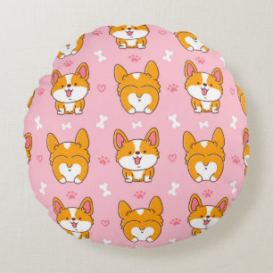 Cute happy corgi dog seamless pattern round pillow