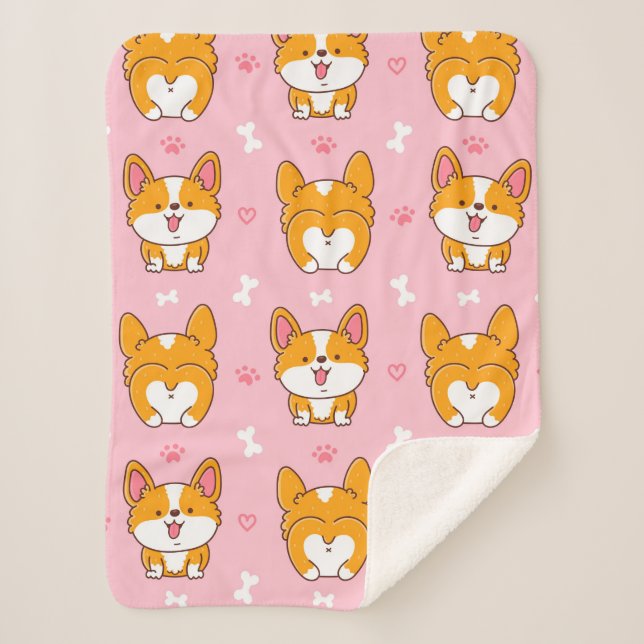 Cute happy corgi dog seamless pattern sherpa blanket (Front)