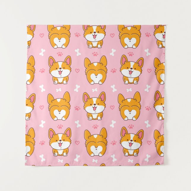 Cute happy corgi dog seamless pattern tapestry (Front)