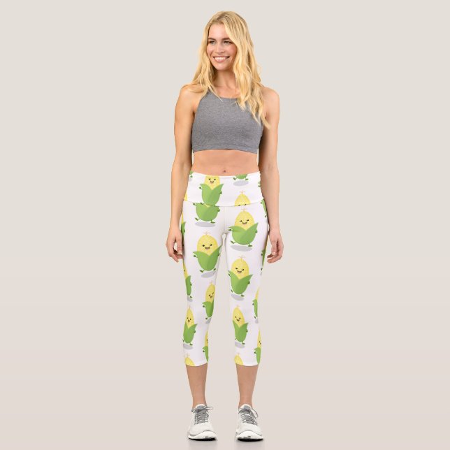 Cute happy corn cartoon illustration capri leggings (Front)