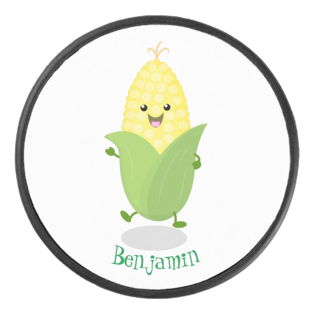 Cute happy corn cartoon illustration hockey puck (Front)