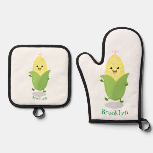Cute happy corn cartoon illustration oven mitt & pot holder set