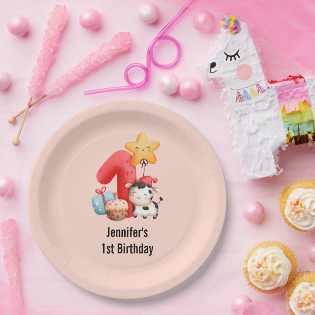 Cute Happy Cow 1st Birthday Paper Plate (Party)