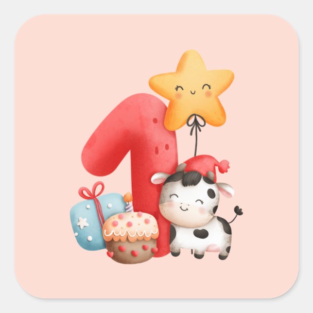Cute Happy Cow 1st Birthday Square Sticker (Front)