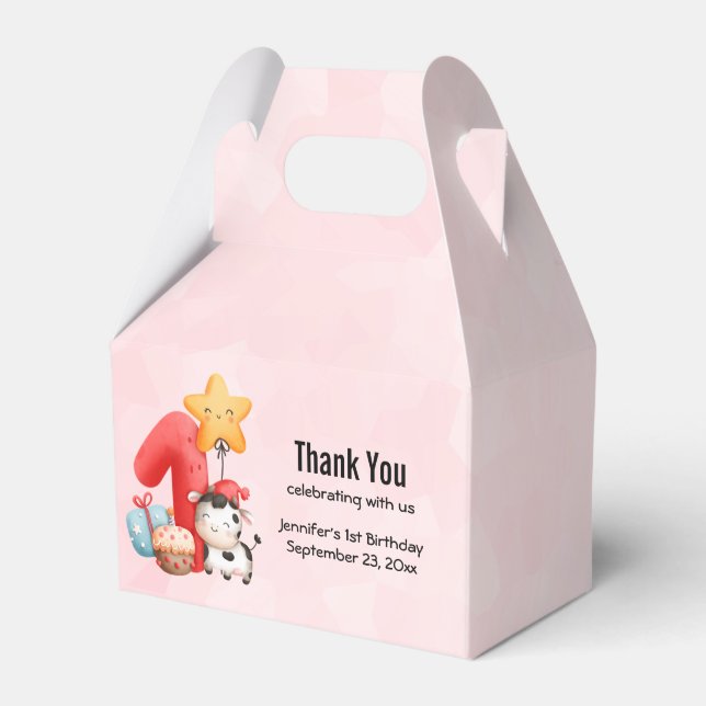 Cute Happy Cow 1st Birthday Thank You Favor Box (Front Side)