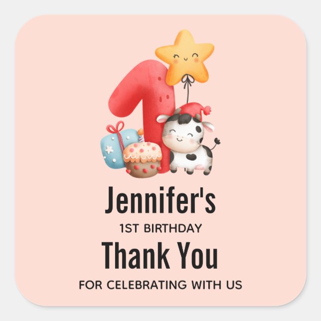 Cute Happy Cow 1st Birthday Thank You Square Sticker (Front)