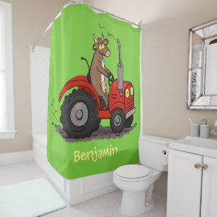 Cute happy cow driving a red tractor cartoon