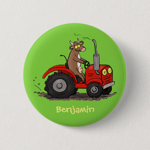 Cute happy cow driving a red tractor cartoon 2 inch round button