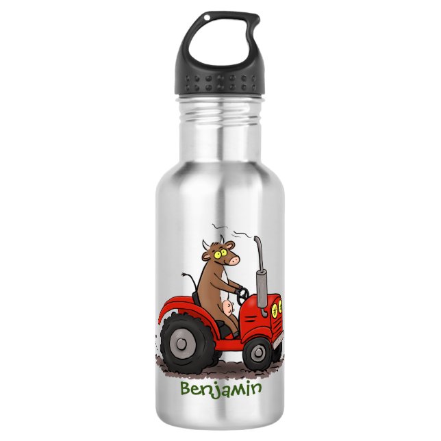 Cute happy cow driving a red tractor cartoon 532 ml water bottle (Front)